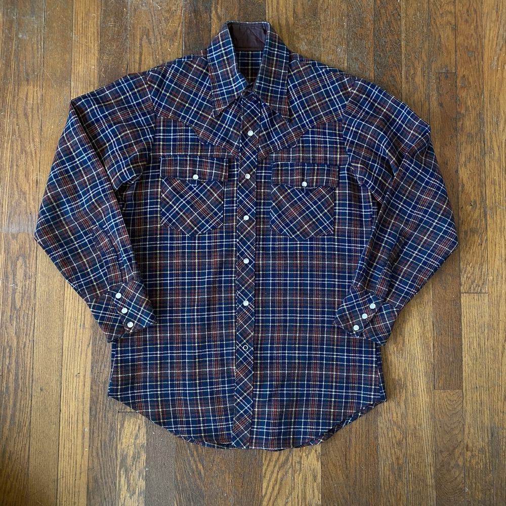 Vintage 70s Pearl Snap Flannel Shirt Western Plaid M/L